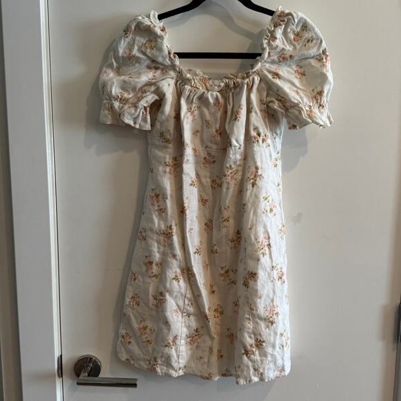 Reformation Linen Floral Mini Dress White Square Neck Zip Short Sleeve Sz 10 - Picture 1 of 6